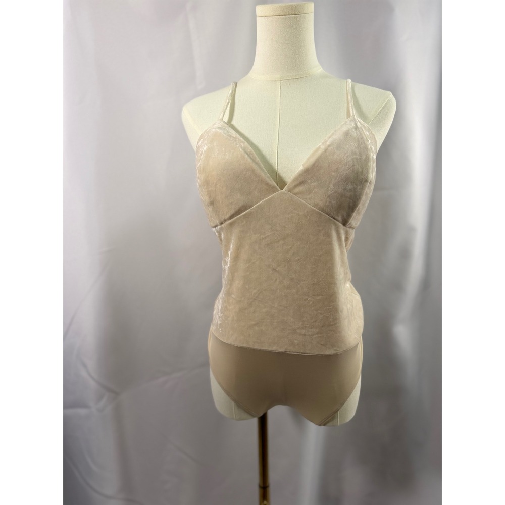 Express Body Contour Crushed‎ Velvet V Neck Bodysuit Champagne Spaghetti Strap L